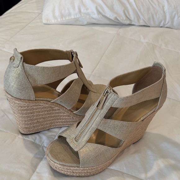 Michael Kors Gold and Tan Wedge Sandals - Picture 1 of 5